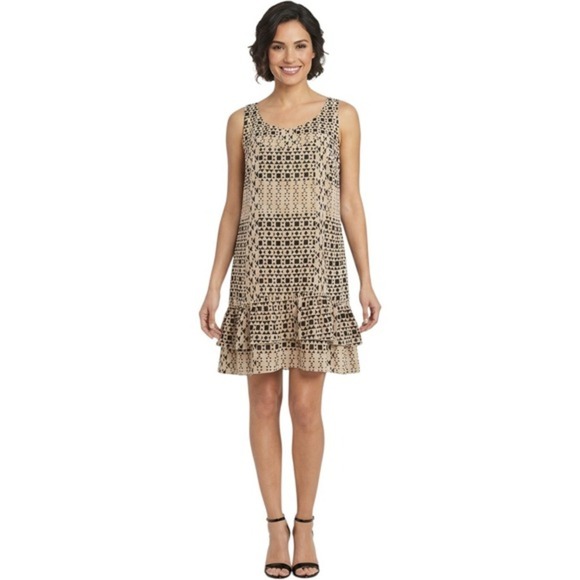 Style & Co. Dresses & Skirts - Style & Co Womens Geometric Print Ruffle Hem Shift Dress Tan Black Size 12